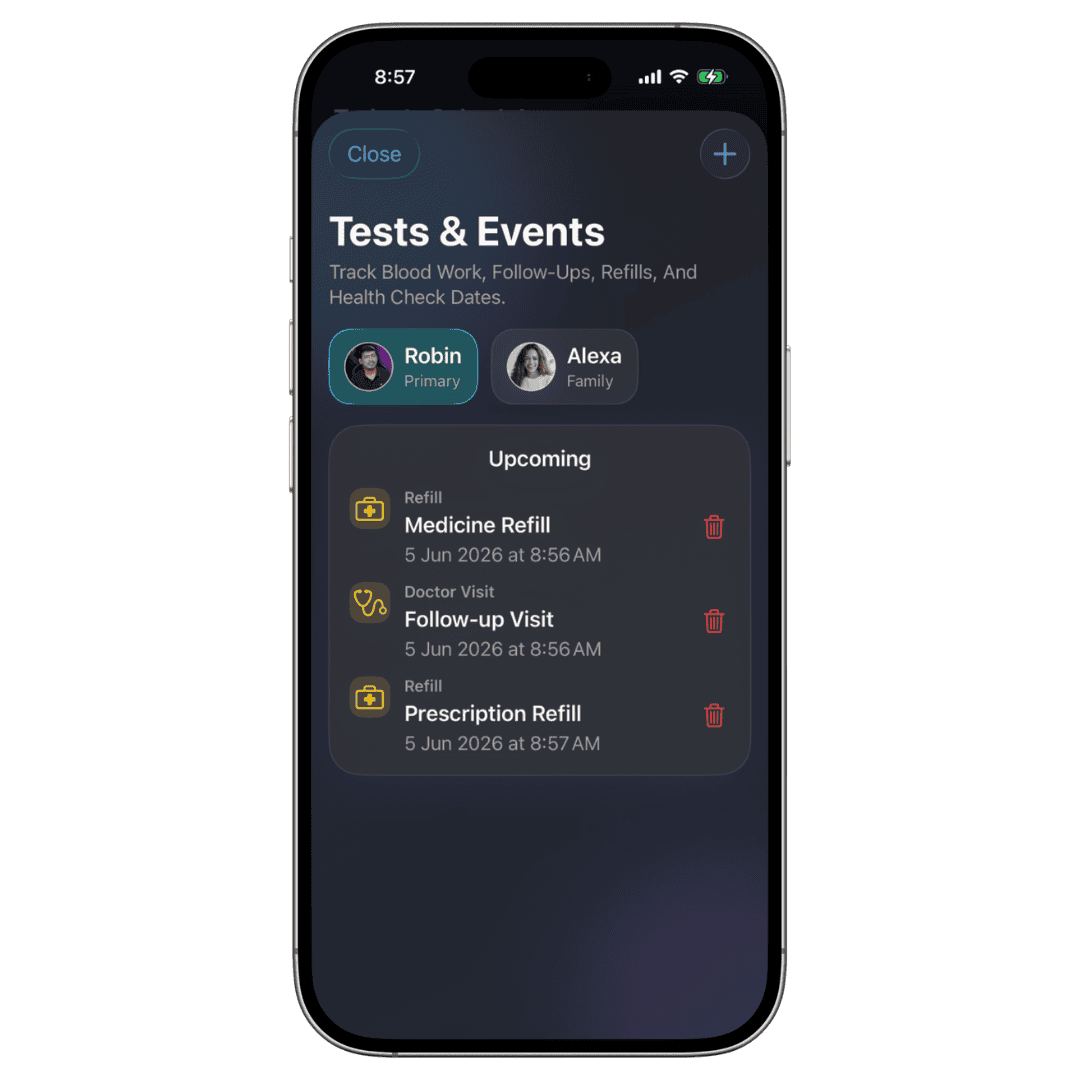 Kevio tests and events screen